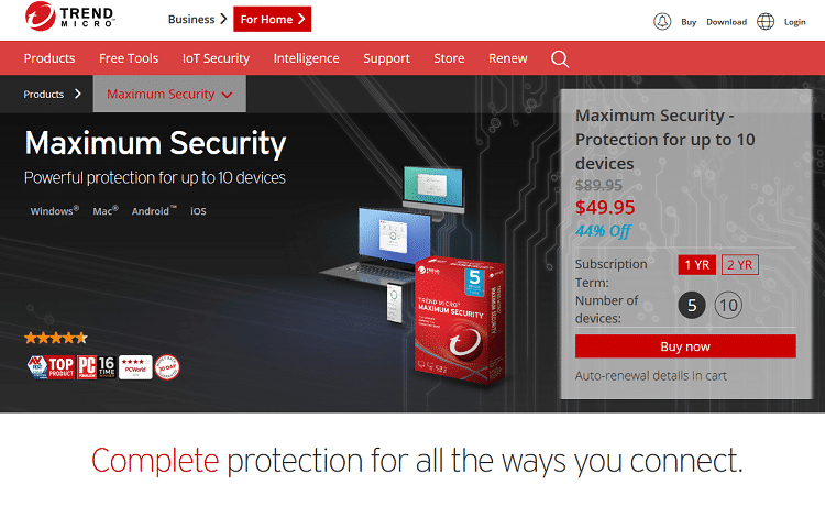 Trend Micro Maximum Security website