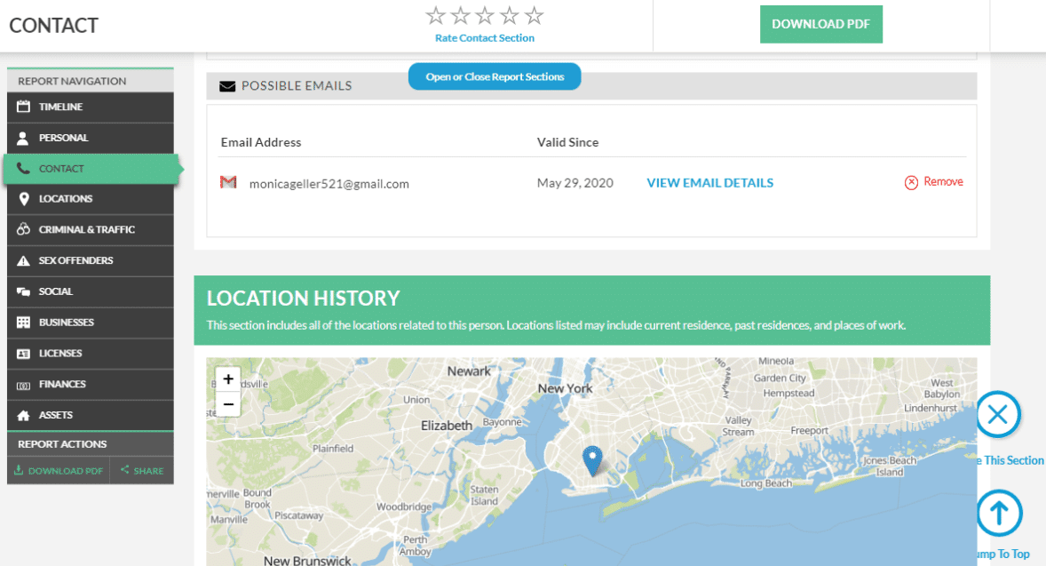 TruthFinder report contact section