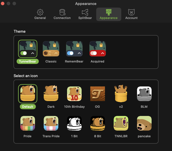 TunnelBear app appearance