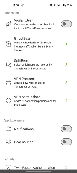 TunnelBear android settings