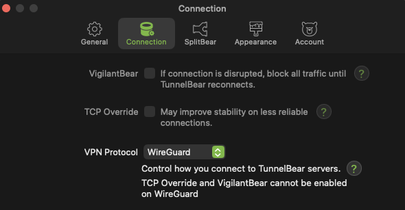 TunnelBear connection settings