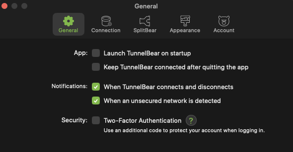 TunnelBear general preferences
