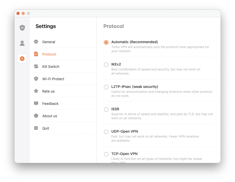 Turbo VPN macOS protocols