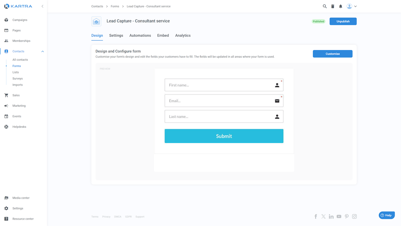 Kartra updated form area