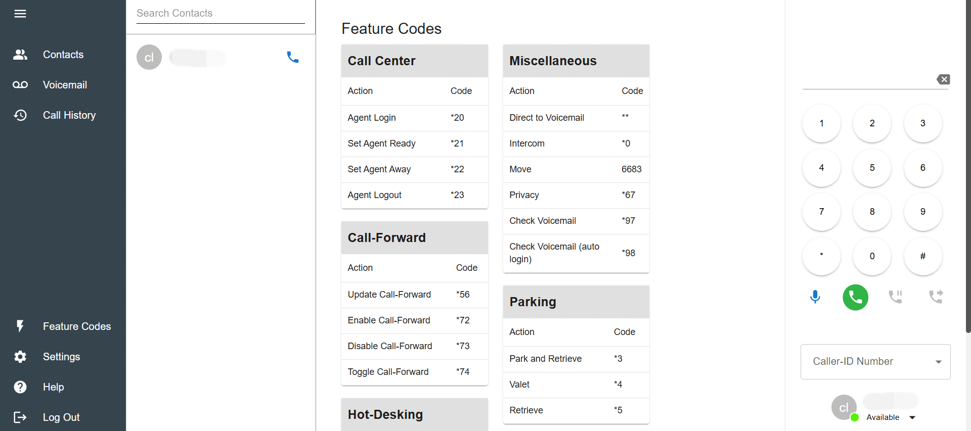 VirtualPBX feature codes