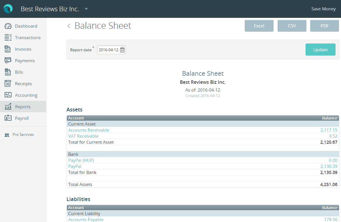 Balance sheet report in Wave Accounting