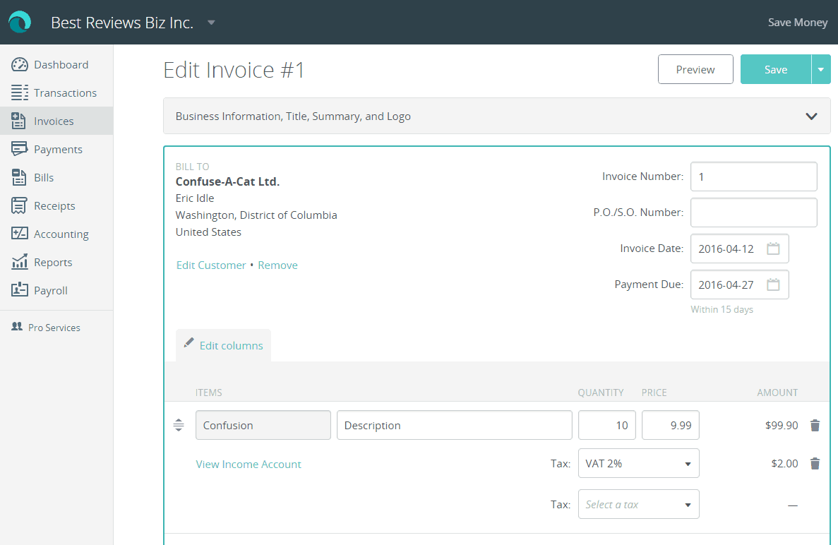 Invoice editing in Wave Accounting