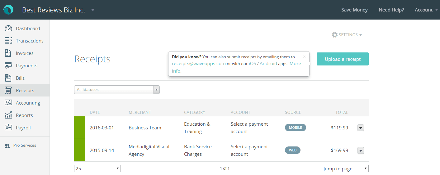 Managing receipts in Wave