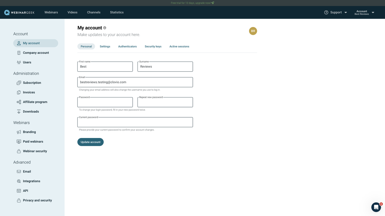 WebinarGeek account settings