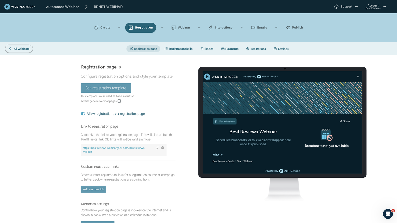 WebinarGeek registration page options