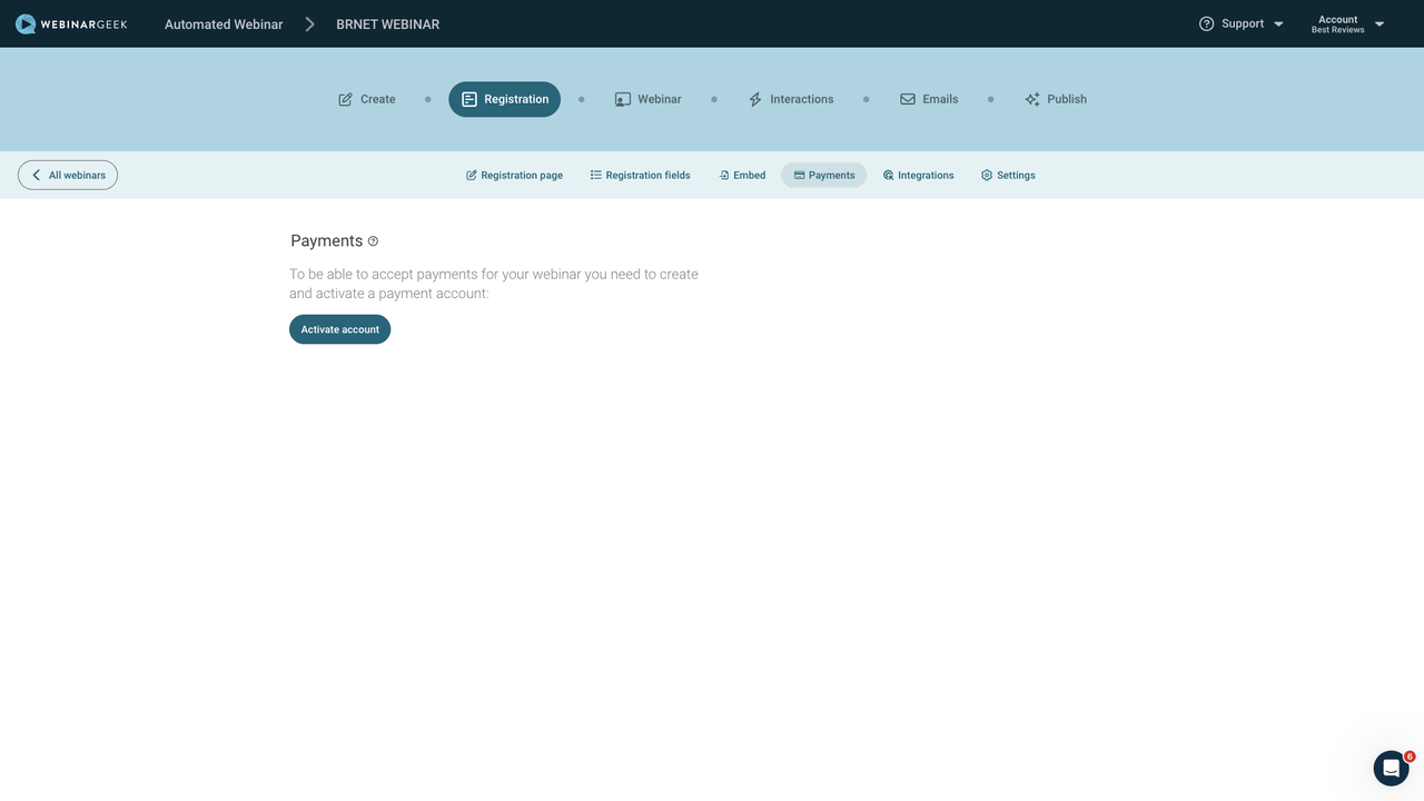WebinarGeek registration page payments
