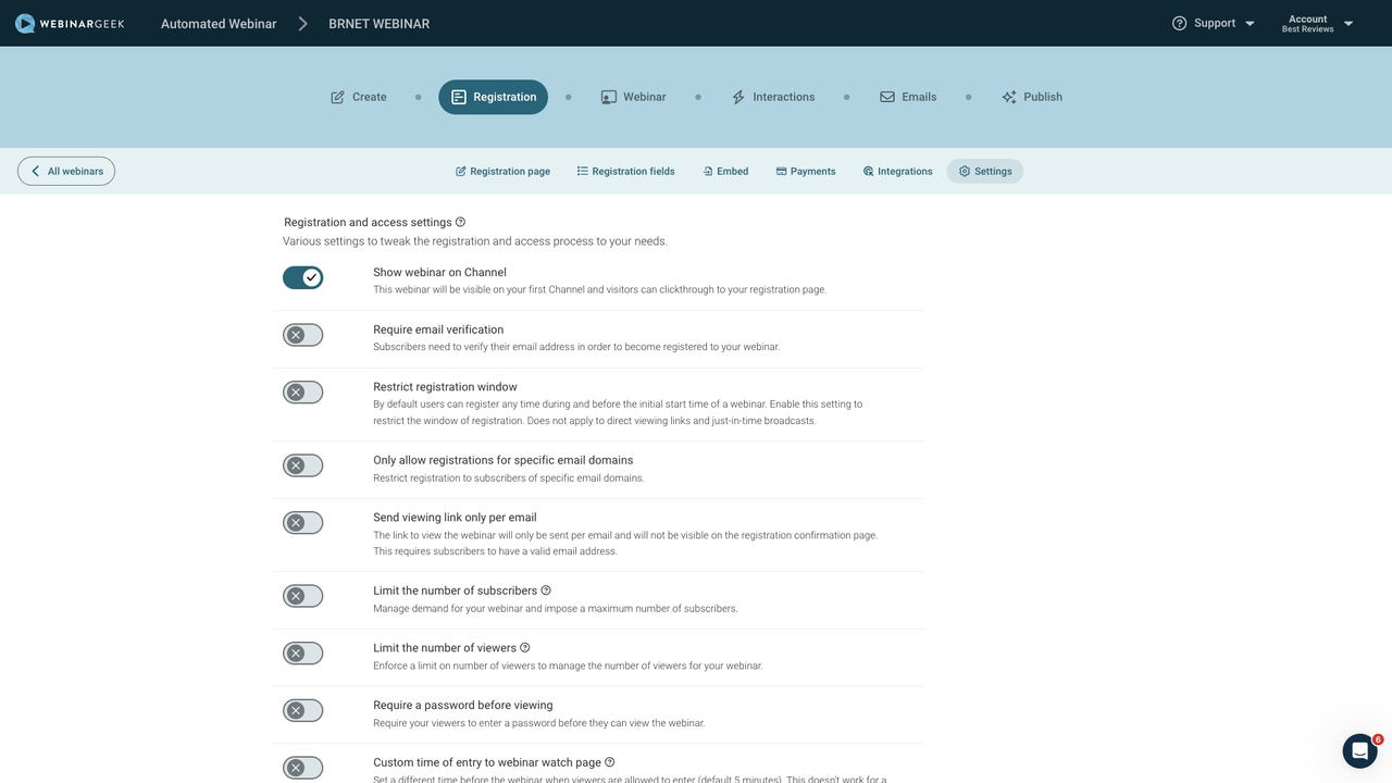 WebinarGeek registration settings