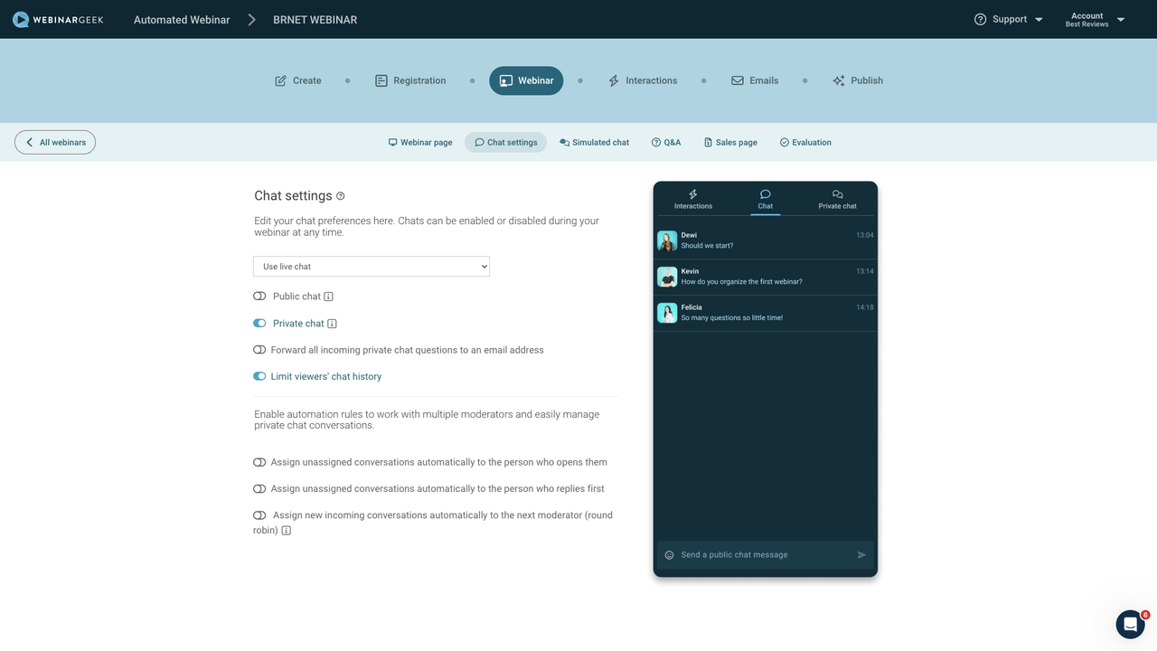 WebinarGeek webinar chat settings
