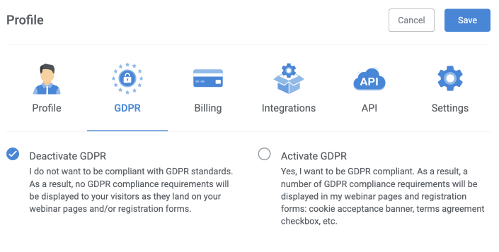 WebinarJam GDPR settings