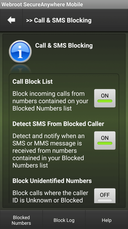SMS and call blocking in Webroot's mobile version