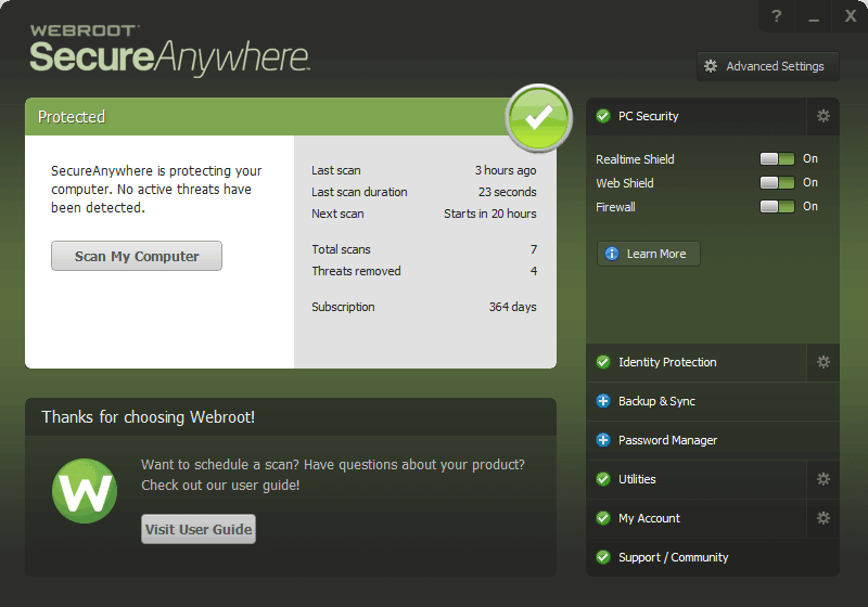 The main interface of Webroot SecureAnywhere