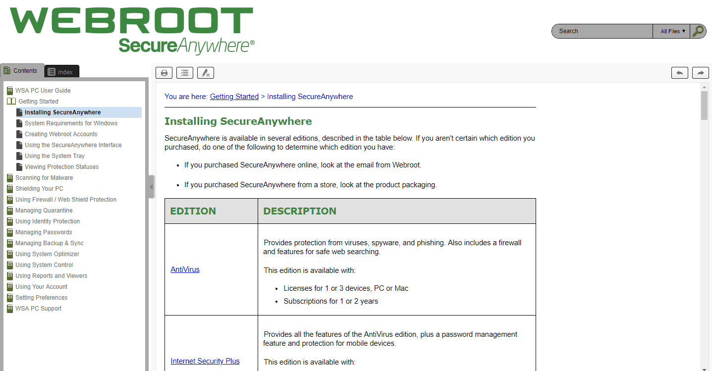 Online help guide for Webroot SecureAnywhere