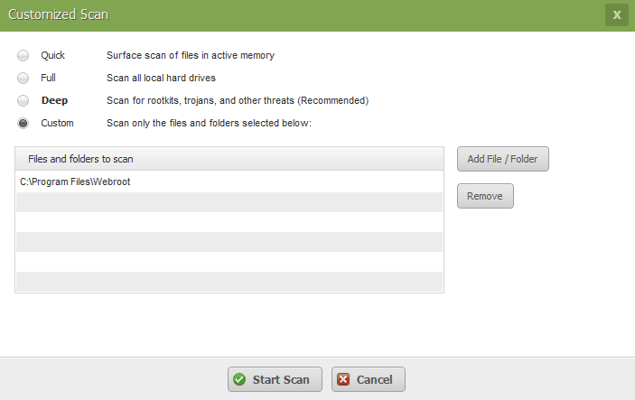 Scan options in Webroot SecureAnywhere