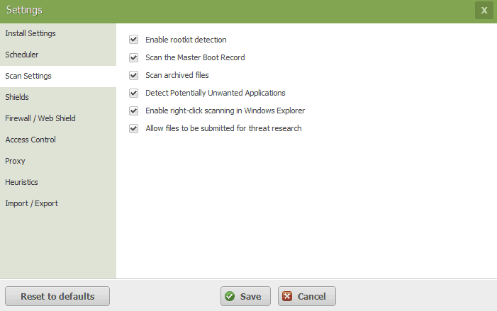 Additional scan settings in Webroot SecureAnywhere