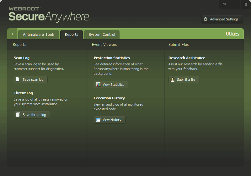 Report options in Webroot SecureAnywhere