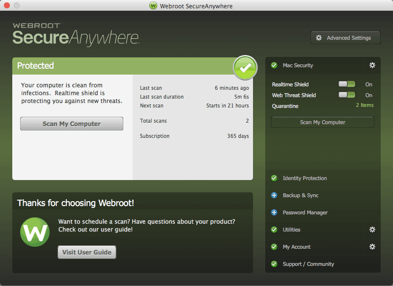 Webroot SecureAnywhere for Mac interface