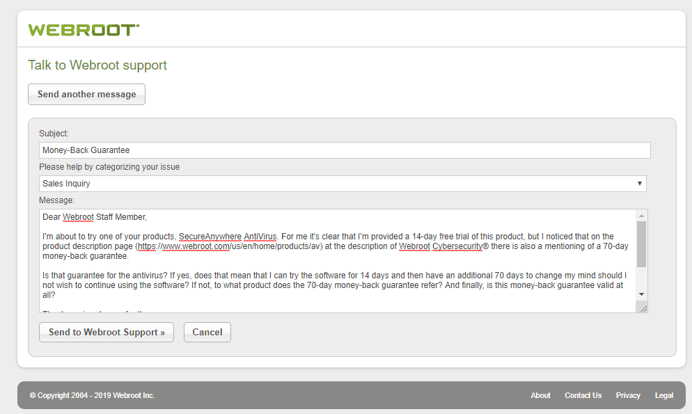 Support ticket left for Webroot's staff