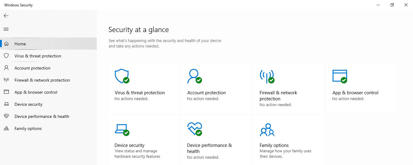 Main interface of Windows Defender Antivirus