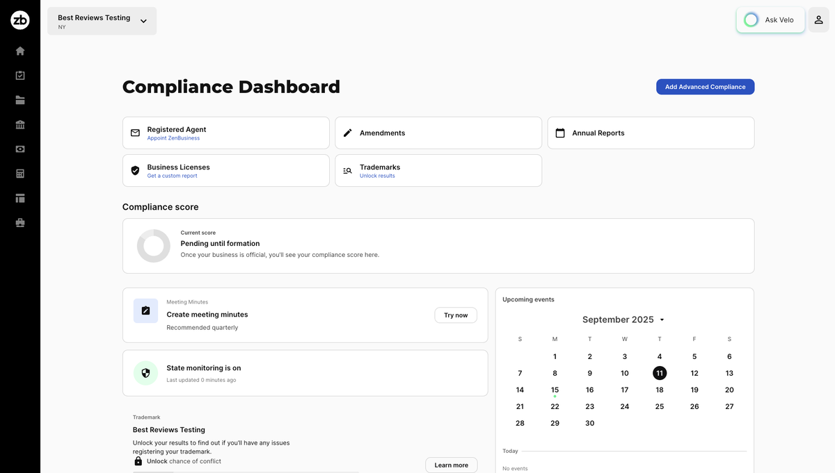 ZenBusiness compliance dashboard