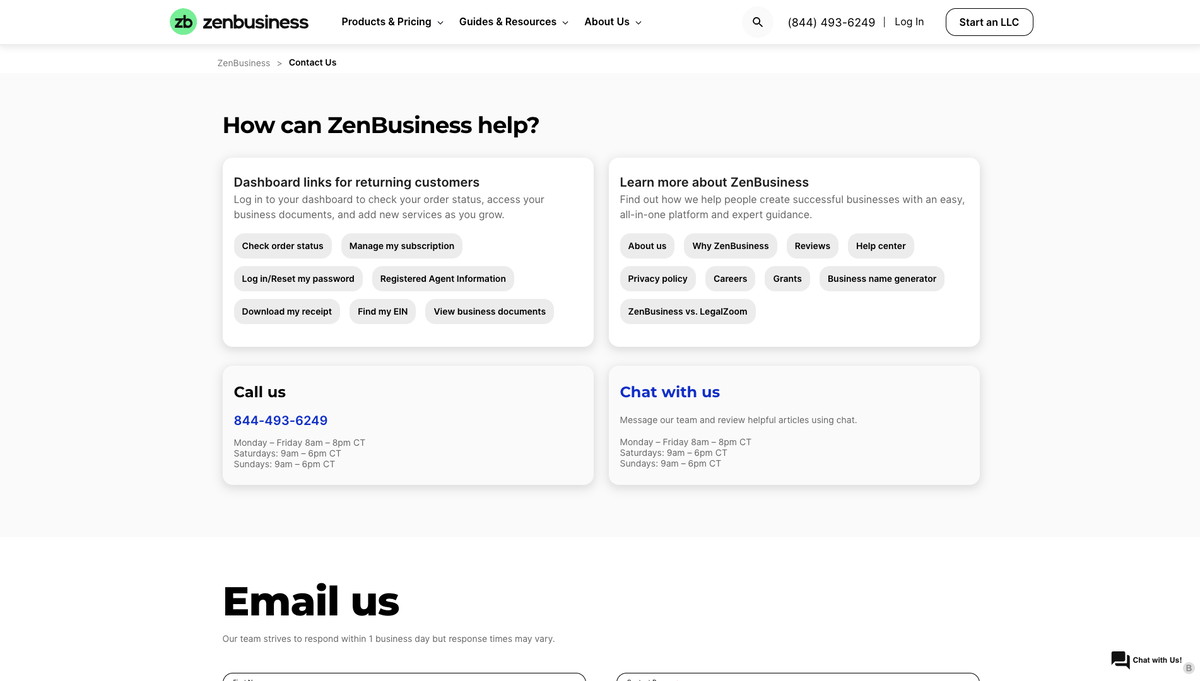 ZenBusiness customer support