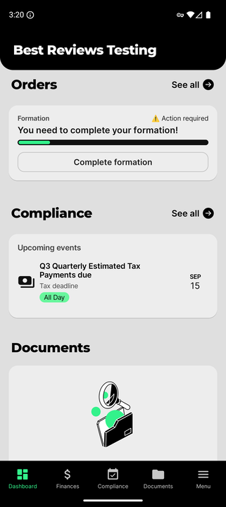ZenBusiness mobile app dashboard