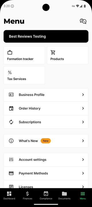 ZenBusiness mobile app menu