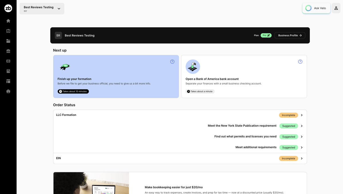 ZenBusiness platform dashboard