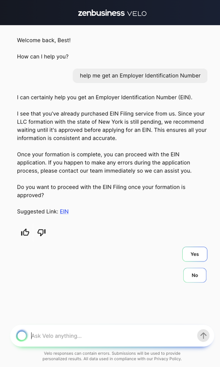 ZenBusiness Velo AI helper