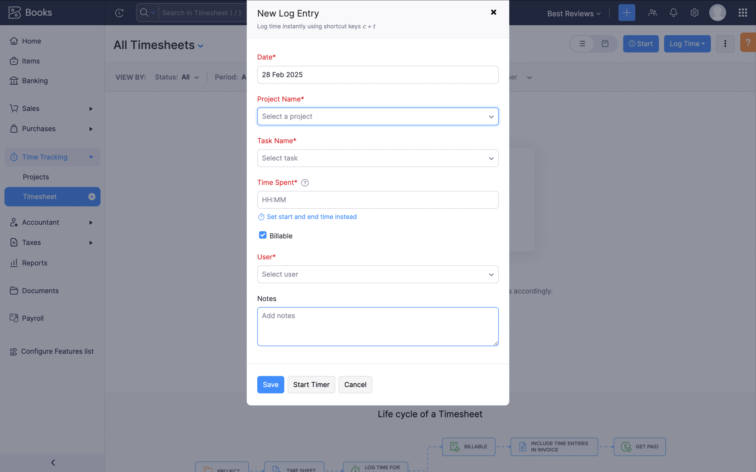 Zoho Books adding time log