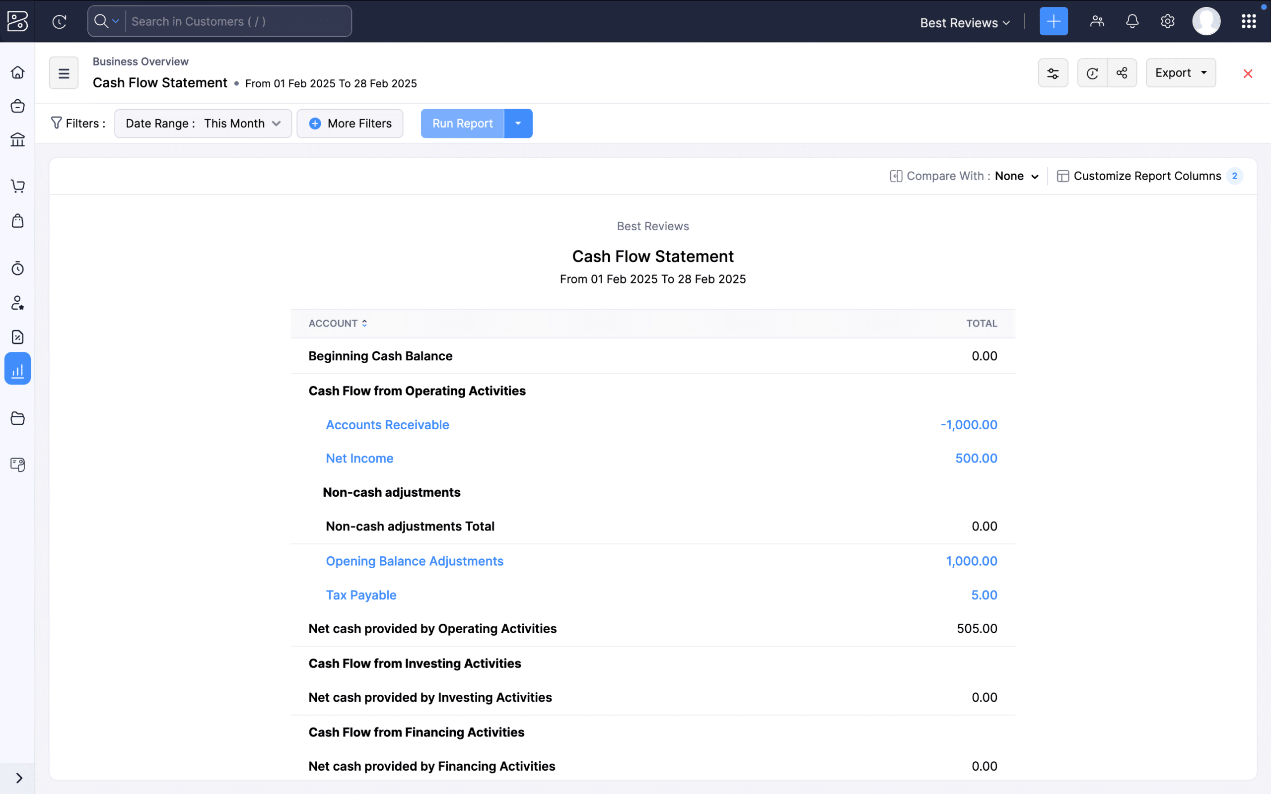 Zoho Books cashflow statement