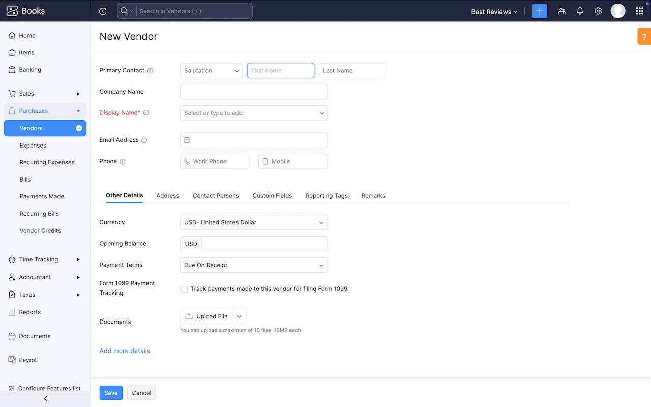 Zoho Books new vendor profile