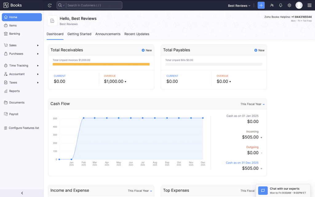 Zoho Books dashboard