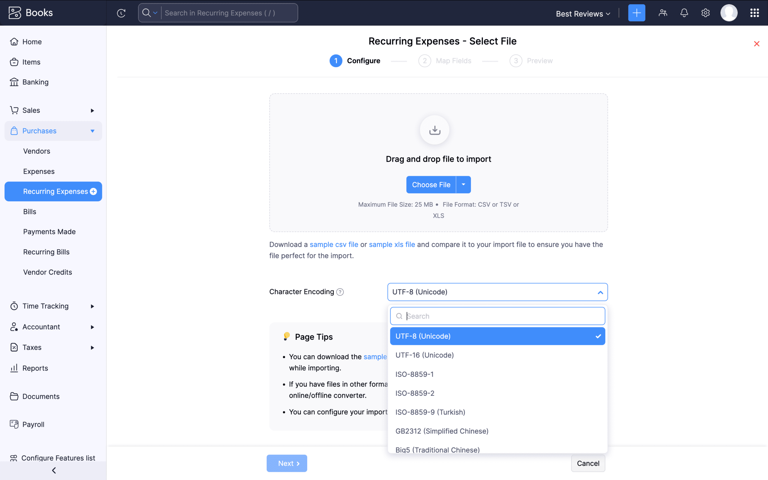 Zoho Books importing recurring expense