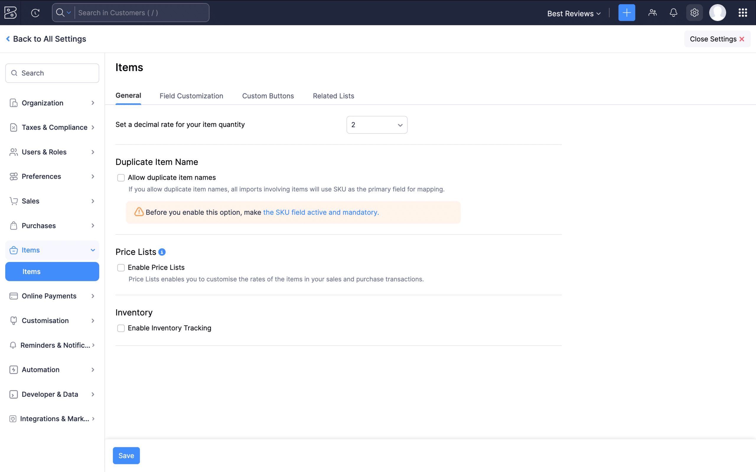 Zoho Books inventory settings