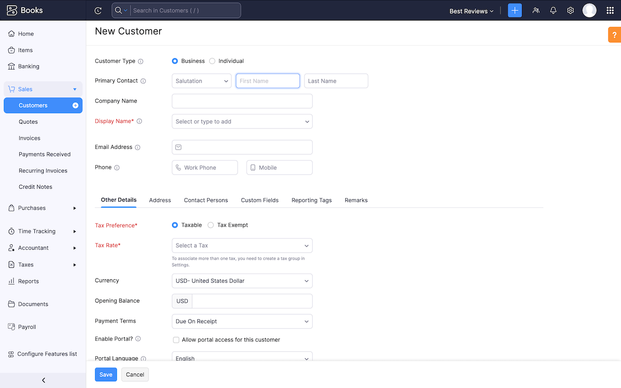 Zoho Books new customer profile