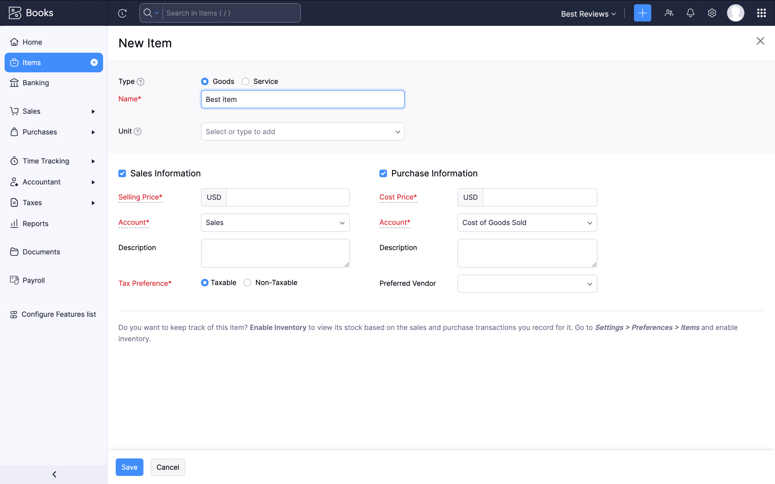 Zoho Books creating new item