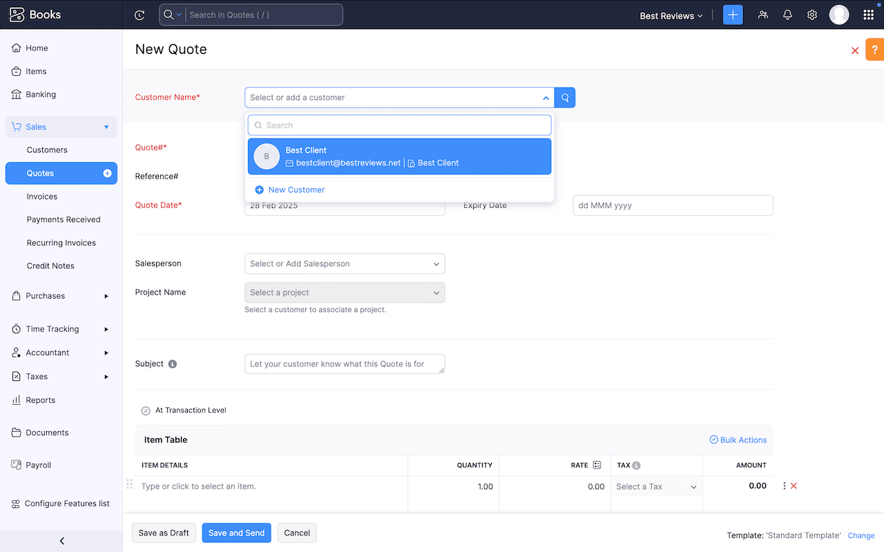 Zoho Books New Quote