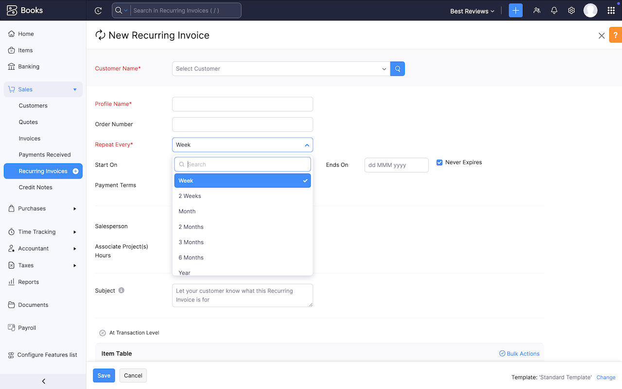 Zoho Books new recurring invoice