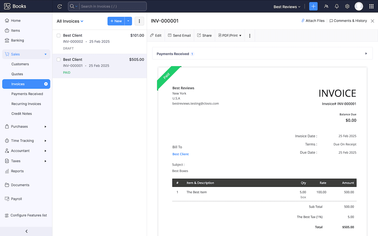 Zoho Books paid invoice example