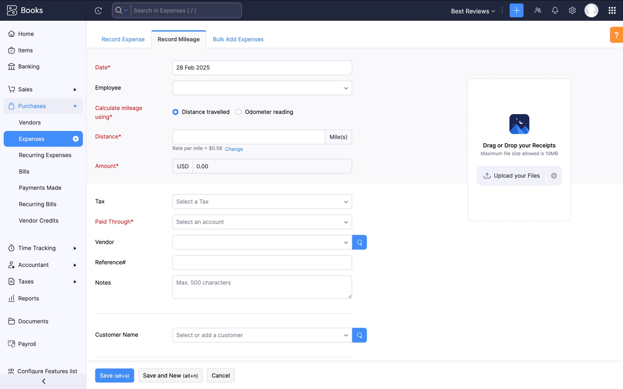 Zoho Books recording mileage