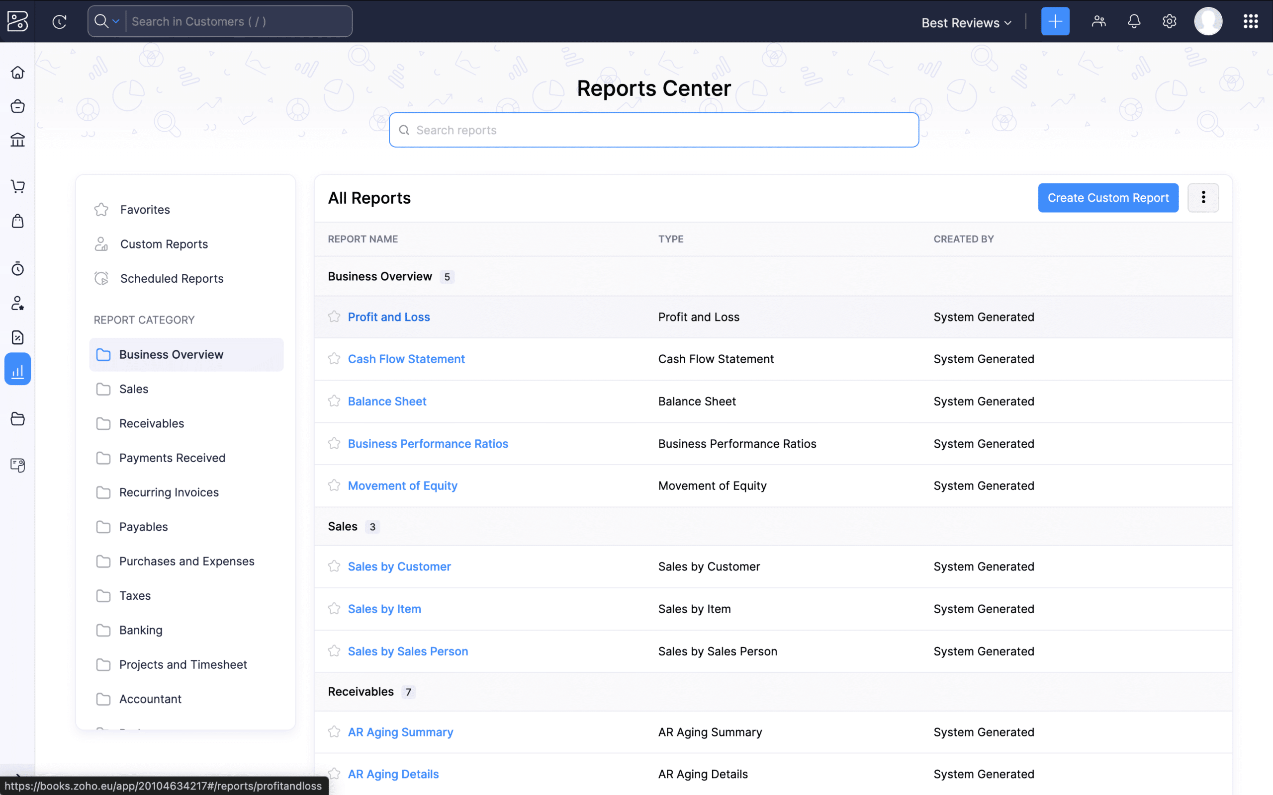 Zoho Books reports overview
