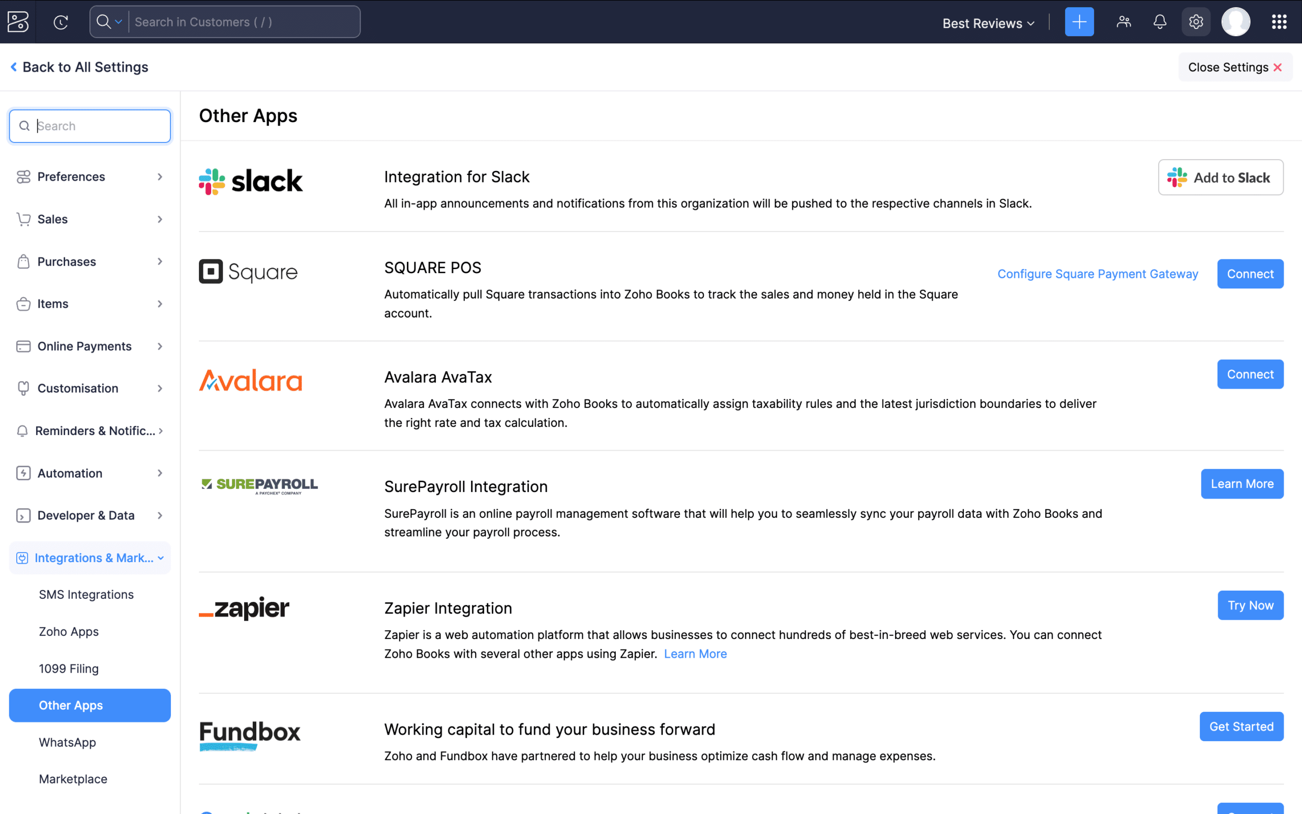 Zoho Books third-party integrations