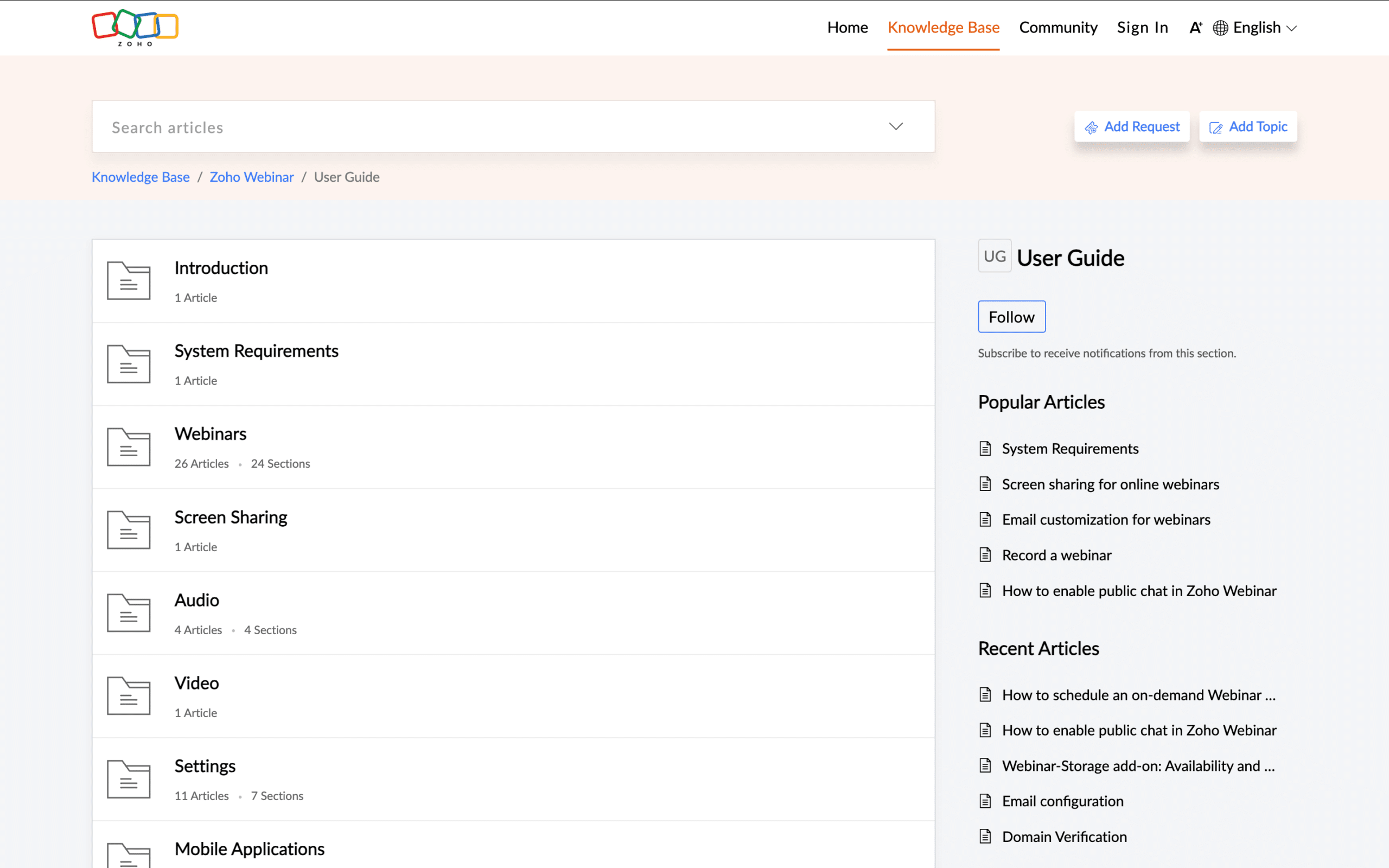 Zoho Webinar knowledge base