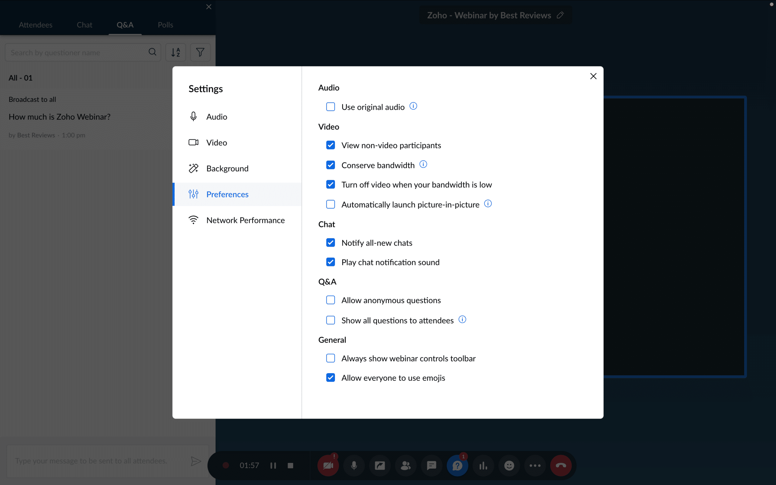 Zoho Webinar live webinar settings
