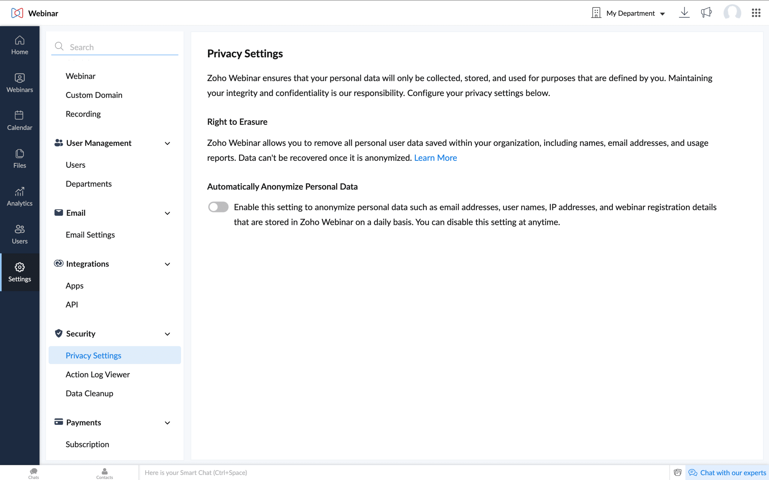 Zoho Webinar privacy settings
